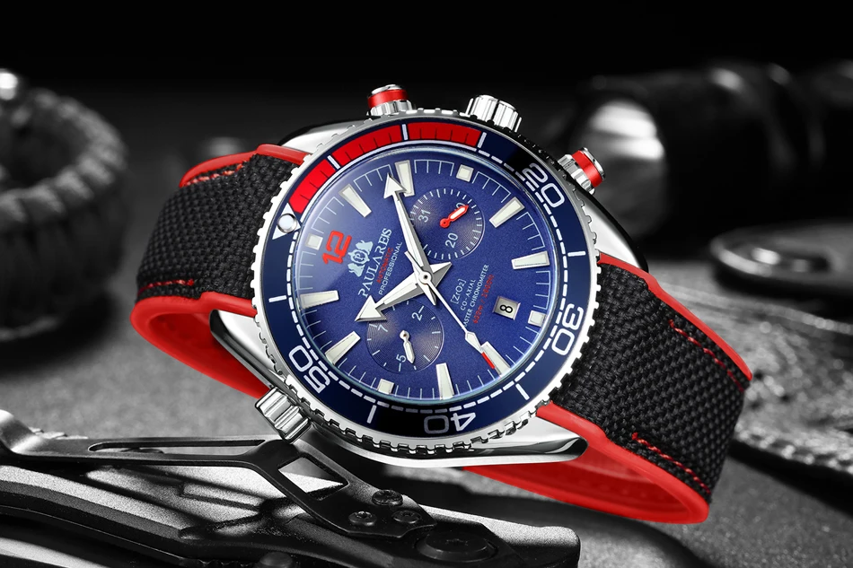 Автоматические механические холщовые резиновые часы James Bond 007 стиль оранжевый синий красный Многофункциональный Дата месяц мужские спортивные часы