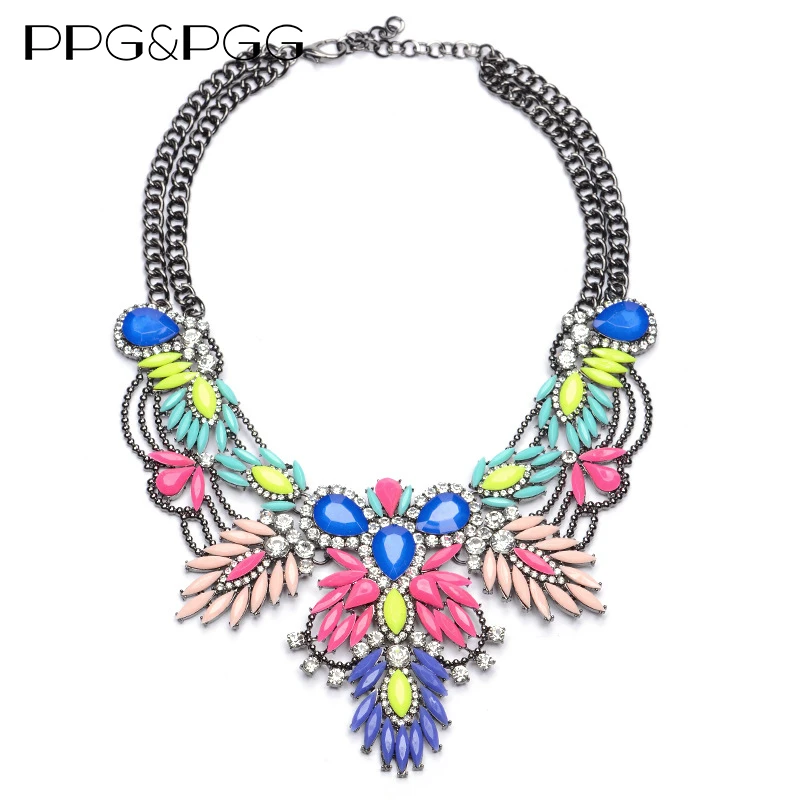 

PPG&PGG New Women Fashion Bijoux Colorful Acrylic Beads Statement Chunky Chain Crystal Choker Necklaces Pendants