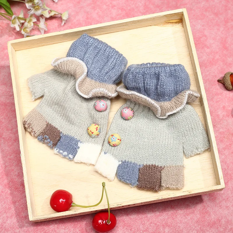 

New Winter Kids Gloves Candy Color Fingerless Knitted Gloves Half Finger Warm Mittens Fashion Floral Button Little Girls Gloves