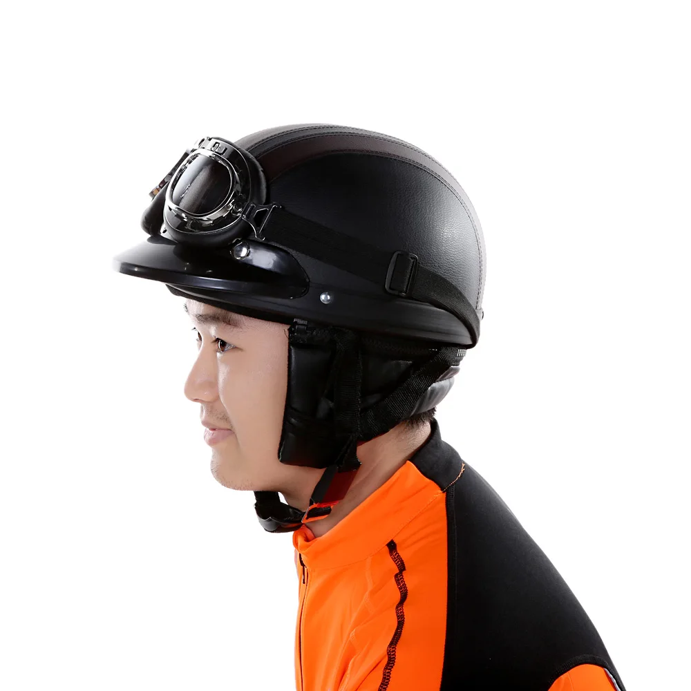 PU Leather Motorcycle Biker Open Face Half Helmet With Goggles Glasses Unisex PU Leather Motorcycle Biker Open Face Half Helmet With Goggles Glasses Unisex