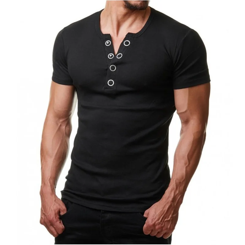 Мужская футболка Хенли, лето, модная, v-образный вырез, короткий рукав, футболка, Homme, повседневная, приталенная, металлическая кнопка, дизайн, мужские футболки, s, XXL - Цвет: Black