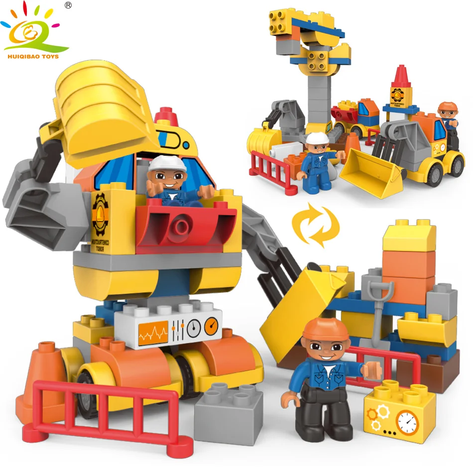 HUIQIBAO игрушечные лошадки 63 шт. строительство робот большой размеры здания конструктор для детей Совместимость Duploed город машинки фигурки