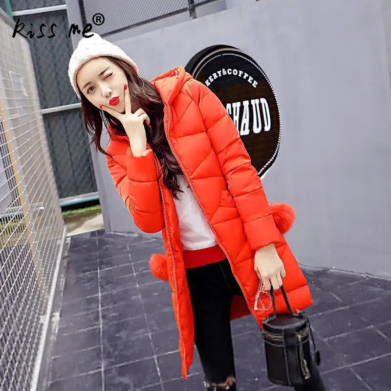Women Parkas Long Sleeve Solid Orange Women Winter Coats Mid Long Ladies Outwear Fashion Slim