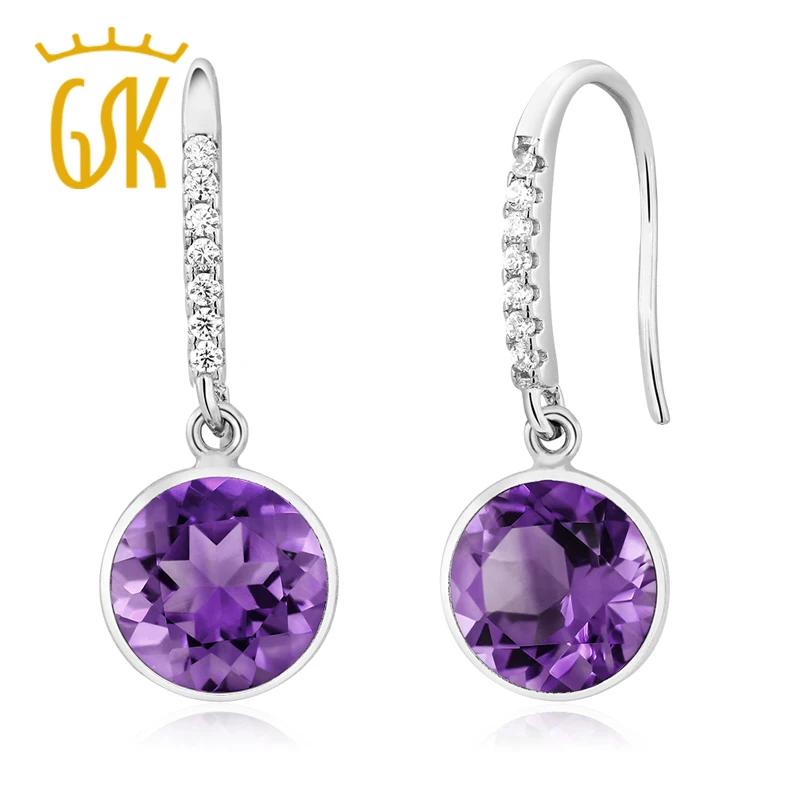 

Amethyst Earrings GemStoneKing 4.00 Ct 9mm Round Natural Purple Amethyst 925 Sterling Silver Dangle Earrings For Women