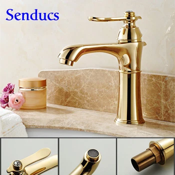 

Free shipping Hot Sale Deck Mounted Brass Vanity Sink Mixer Tap with Hot Cold golden faucet for gold Bathroom sink mixer taps