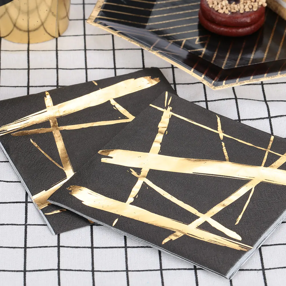 

Disposable Gold Stamping Black Paper Tableware Plates&Cup&Towels One-Off