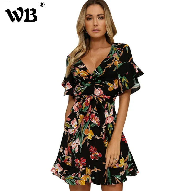 

Fashion Flare Sleeve Sexy V Neck Boho Dresses Party Female Mini Ruffles Casual Women Beach Dress 2018 Floral Print Summer Dress
