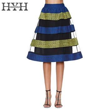 

HYH HAOYIHUI Color Block Stripe Midi Skirts Women High Waist Female Zippers A-line Skirts Sheer Casual Slim Skater Skirts