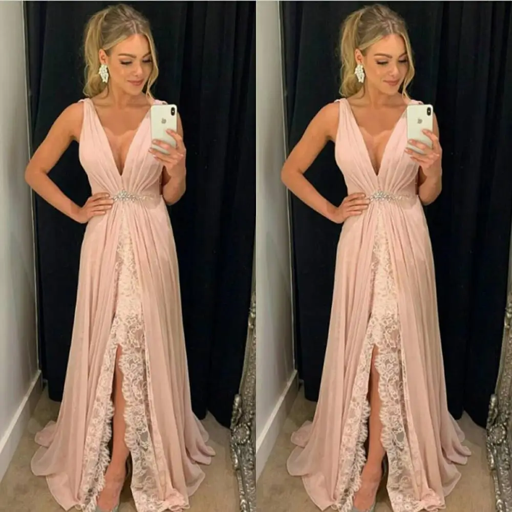 

A Sexy 2019 V-Neck Drop-Down Dress With A Slit LaceBelt And Beaded Strapless Evening Gown