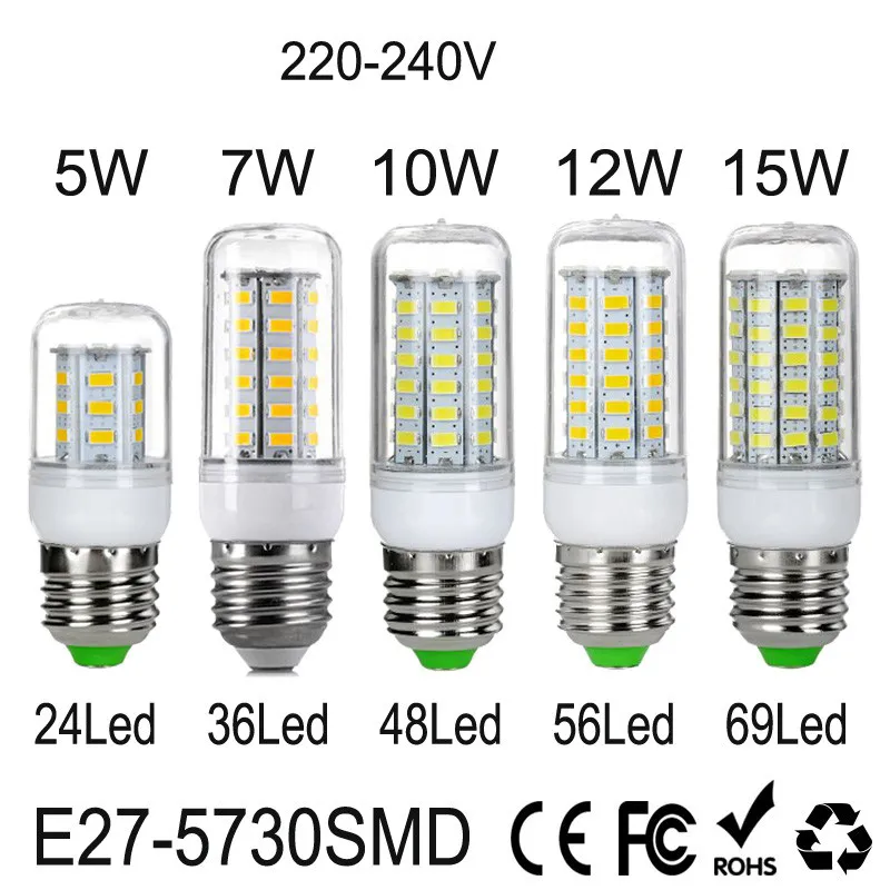 10 шт. E27 свет Лампы для мотоциклов 5730 220 В 24 36 48 56 69leds светодиодные фонари Кукуруза Светодиодные лампы рождество лампада светодиодные люстры