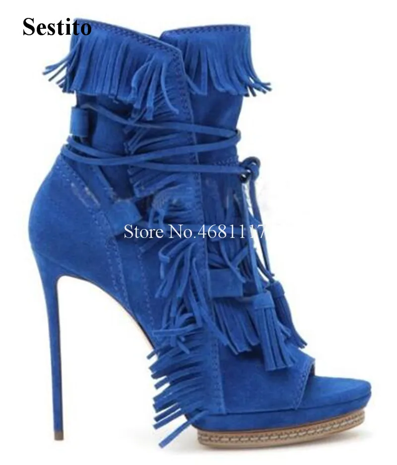 

Women Beautiful Style Peep Toe Suede Leather Tassels Platform Short Gladiator Boots Lace-up Blue Red High Heel Ankle Booties