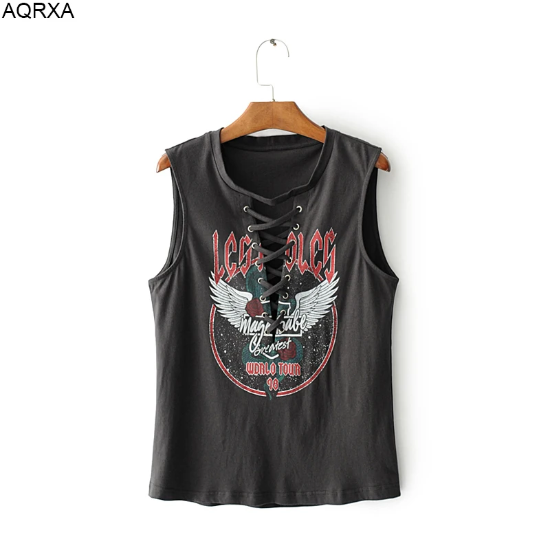 

2018 Summer Sexy European Hippie Rock Print Geometric Bandage O Neck Tops T-Shirts Women Sleeveless Casual Black Cute Tees Femme