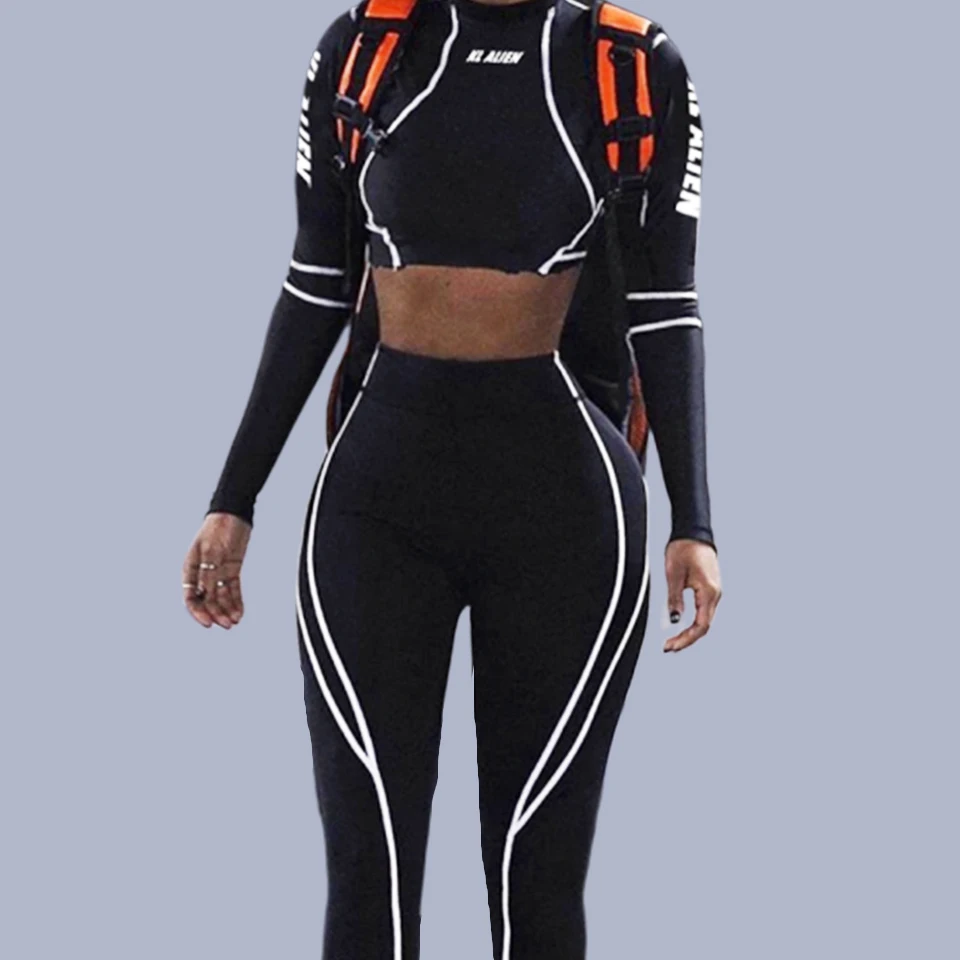 

See Through Clothing Bodycon Two Piece Mesh Patchwork Ensemble Femme 2 Pieces Leggings And Crop Top Set Side Stripe Tight Outfit