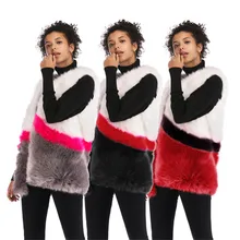 Multicolor Color Block Faux Fur Coat Casual Patchwork Long Sleeve Outerwear Women Winter Modern Lady Coats