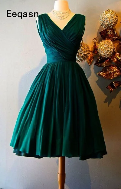 Винтажное Элегантное коктейльное платье до колена с v-образным вырезом, атласное плиссированное платье, коктейльное платье - Цвет: as picture