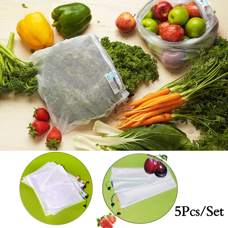5 шт./лот, многоразовые сумки из натурального хлопка/полиэстера, мешки для хранения фруктов и овощей, домашняя кухонная сумка для покупок на шнурке