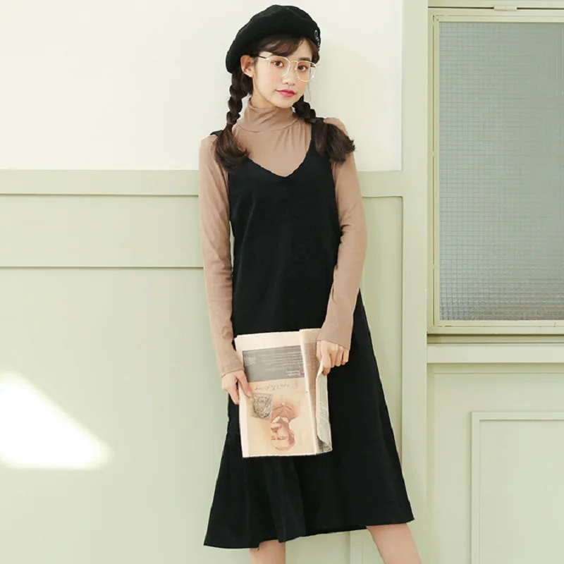 Japanese Mori Girl Autumn Winter Cute Sundress V Neck Suspenders Long Irregular Tank Dress Cotton Corduroy Ruffles Kawaii Dress