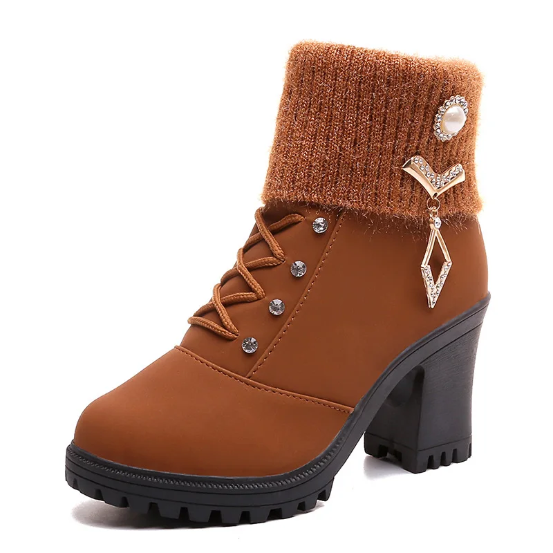 

2018 autumn and winter new Martin boots thick with warm high-heeled women's boots brwon 0225