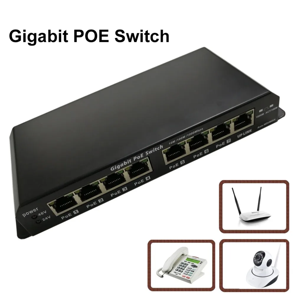 

8 port 10/100/1000 Ethernet Switch 7 Data out ports with passive PoE use 24v and mode B for Mikrotik and Ubiquiti and OM2P