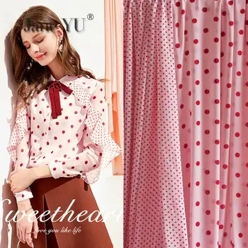 

JaneYU Fresh Light Pink Wavy Dot Printed High Twist Chiffon Fabric Dress Shirt Girl's Clothing Fabric