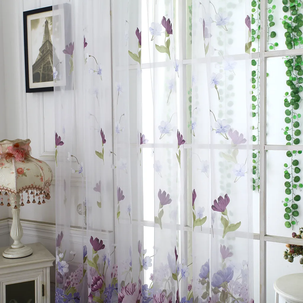 2pcs Peony Flower Print Curtain Tulle Window Treatment Drape Valance Simple Curtain Wear Rod Model 100x200cm L703