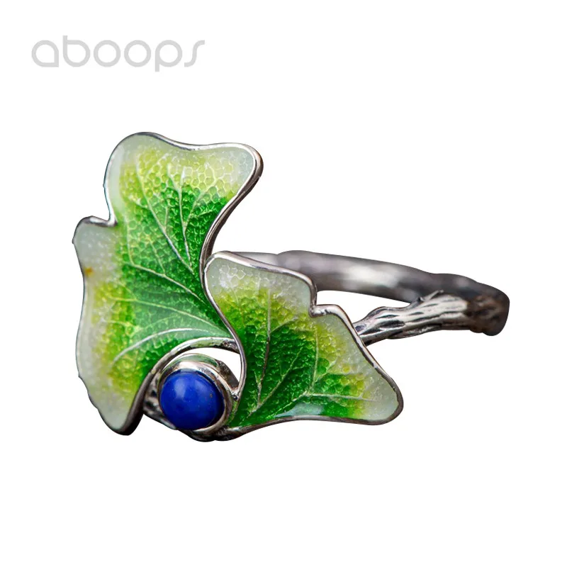 

925 Sterling Silver Enamel Lotus Leaf Ring with Lapis Lazuli for Women Girls Adjustable Free Shipping