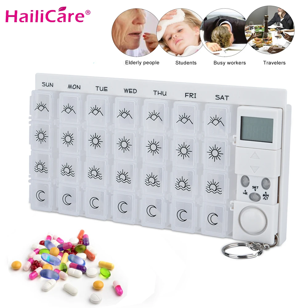 

7 Days Tablets Pill Box Medicine Pill Case Organizer LED Light Timer Reminder Weekly Storage Pill Dispenser Alarm Clock 28 Grids