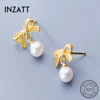 

INZATT OL Exquisite Bowknot Pearl Stud Earrings Real 925 Sterling Silver For Elegant Women Fine Jewelry Cute Accessories Gift