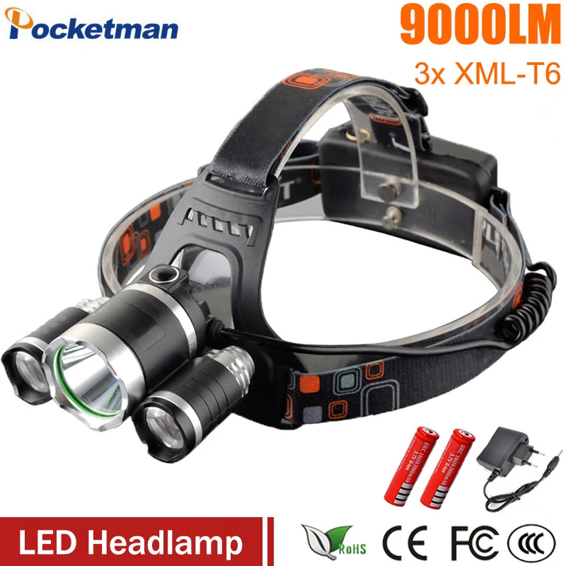 

Led Headlight 9000Lm Lumens T6 headlamp 3x XM-L T6 LED Head Lamp 4-mode 18650 battery Car charger for camping/fishing z30