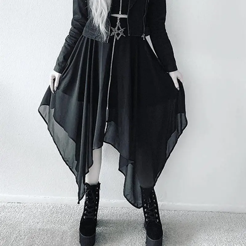 Готическая макси юбка женская летняя Асимметричная сетка черная уличная мода пентаграмма молния Высокая талия готика девушка длинные юбки