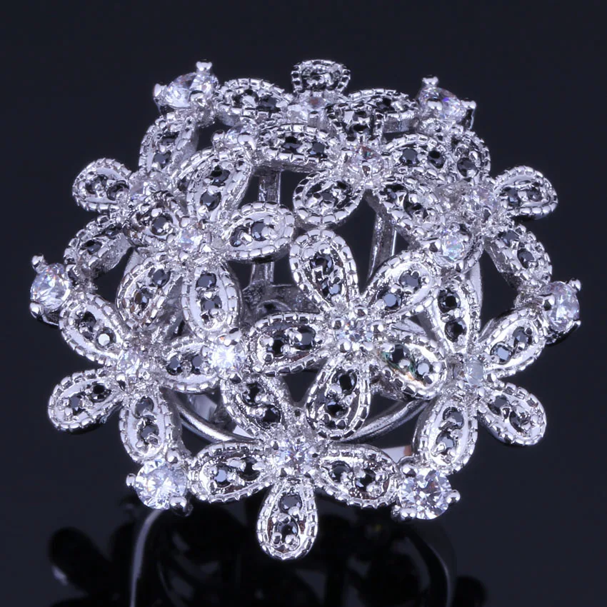 

Romantic Huge Flower Black Cubic Zirconia White CZ Silver Plated Ring V0524