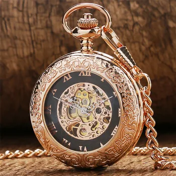 

Antique Rose Gold Transparent Glass Roman Numerals Mechanical Hand Wind Pocket Watch Souvenir Pendant Clock Gifts Men Women