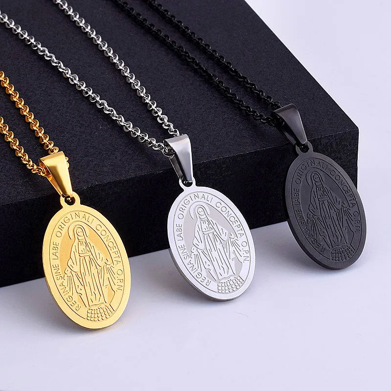 

Trendy Women Men Religious Necklace Stainless Steel Gold Chian Catholic Virgin Mary Maria Necklaces & Pendants Jewelry Ave Maria