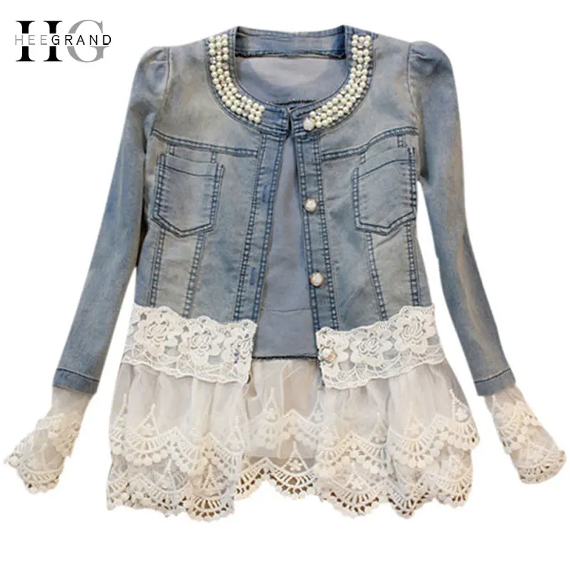 

2019 New Jeans Jacket Women Casacos Feminino Slim Lace Patchwork Beading Denim Lady Elegant Vintage Jackets Coat Dropship WWJ084