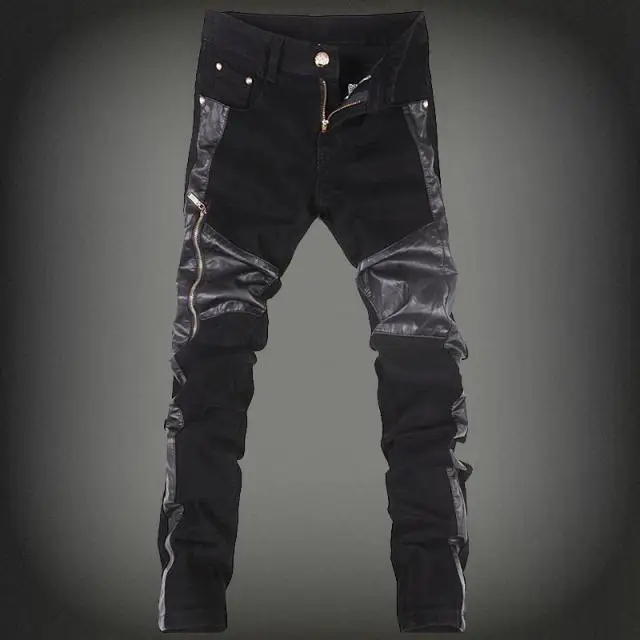 

High Quality European Denim Jeans Skinny Casual Motorcycle Leather Patchwork Hip Hop Jean Straight Rock Style Clothing For Men