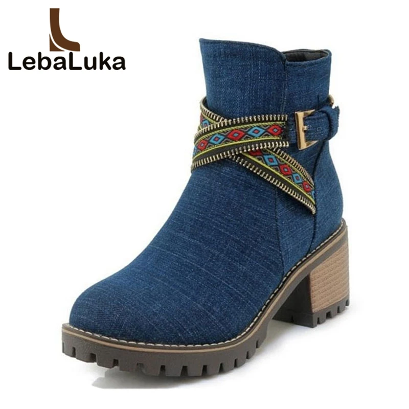 

Tuyoki Women Ankle Boots Winter Fur Shoes Denim Buckle Platform Shoes Woman Print National Style High Heels Boots Size 34-43