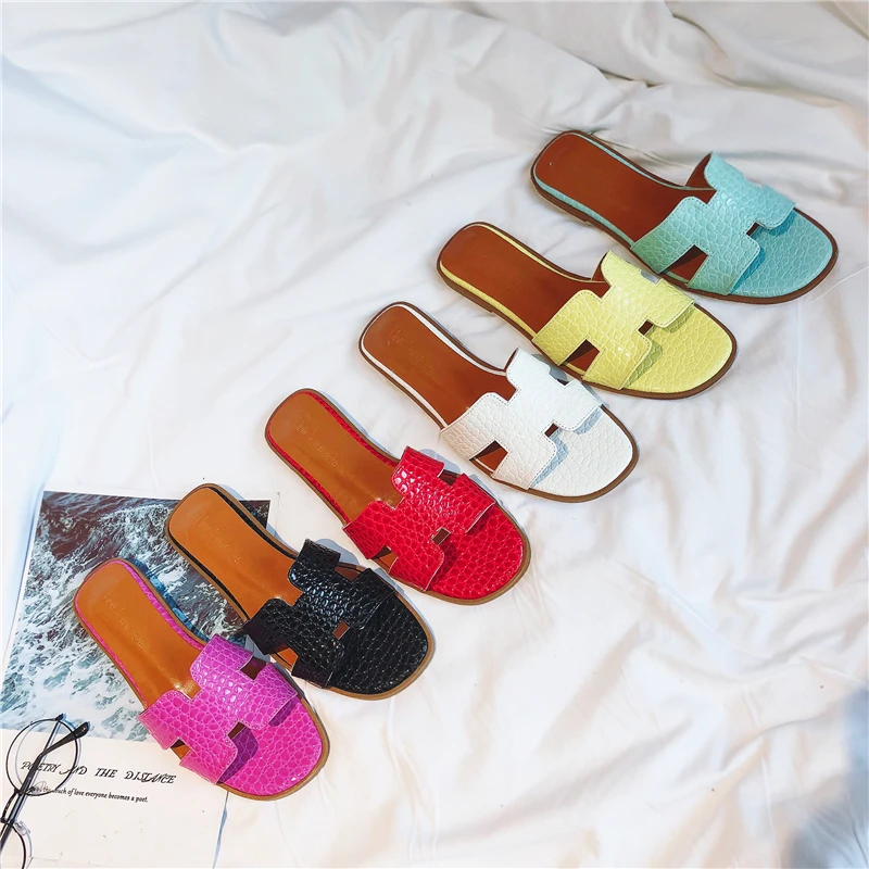 

Retro Size 40 Rosy Red Summer slippers Women concise slides non-slip leather H Flat ladies Trendy walking footwears pantuflas