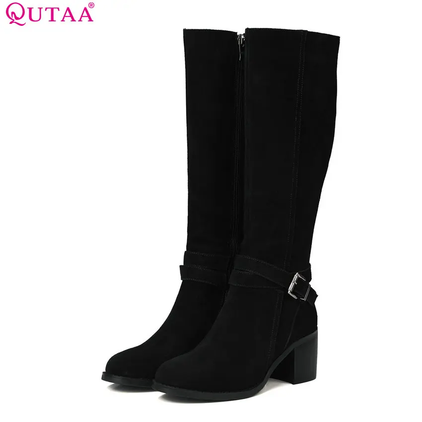 

QUTAA 2018 Women Knee High Boots Fashion Cow Suede Round Toe Square High Heel Zipper Design Westrn Style Women Boots Size 34-39