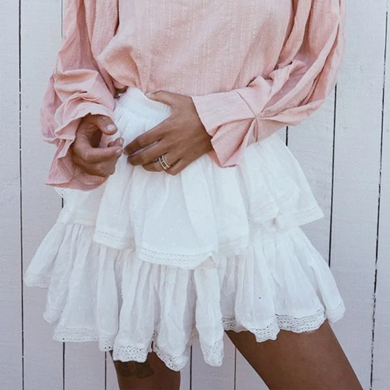 Повседневная белая короткая юбка в горошек с рюшами Женская Летняя мода 2019 г. высокая талия кружевная юбка для девочек Праздничная юбка