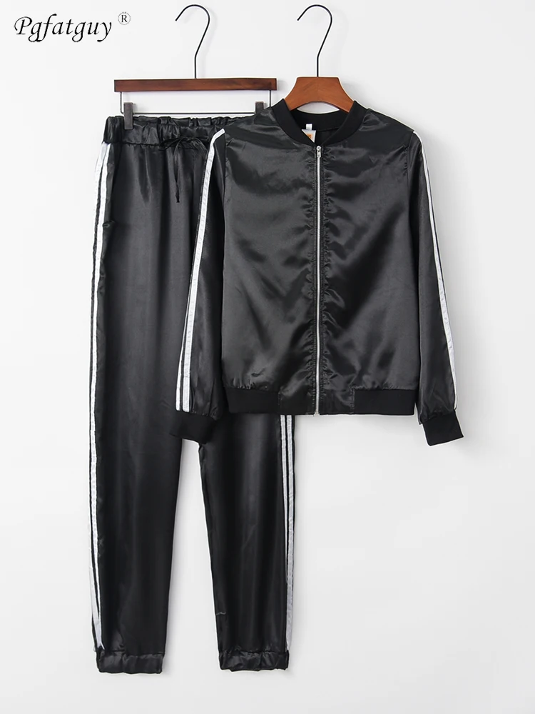 

Black Pink Set Women Fitness Clothing Sportswear Woman Side Striped Zipper Jacket Elastic Waist Pant 2 Pcs Sports Suits Sets