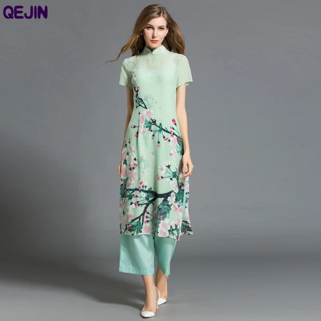 Aliexpress 2016 Summer Women Dress Real Silk Printing 2016 Summer Women Dress Real Silk Printing Flower Casual Dresses Maxi 3 Piece Set Cheongsam Plus
