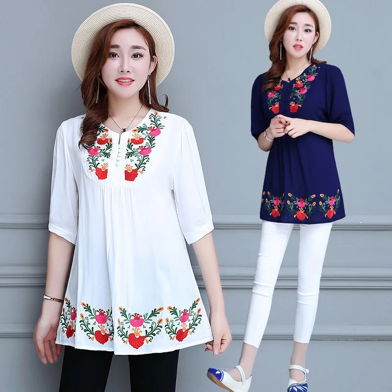 

Women Floral Embroidered Mexican Blouse Tops Summer Hippie Boho Chic Cotton Ethnic Blusas Femme Vintage Blouses Plus Size 2019