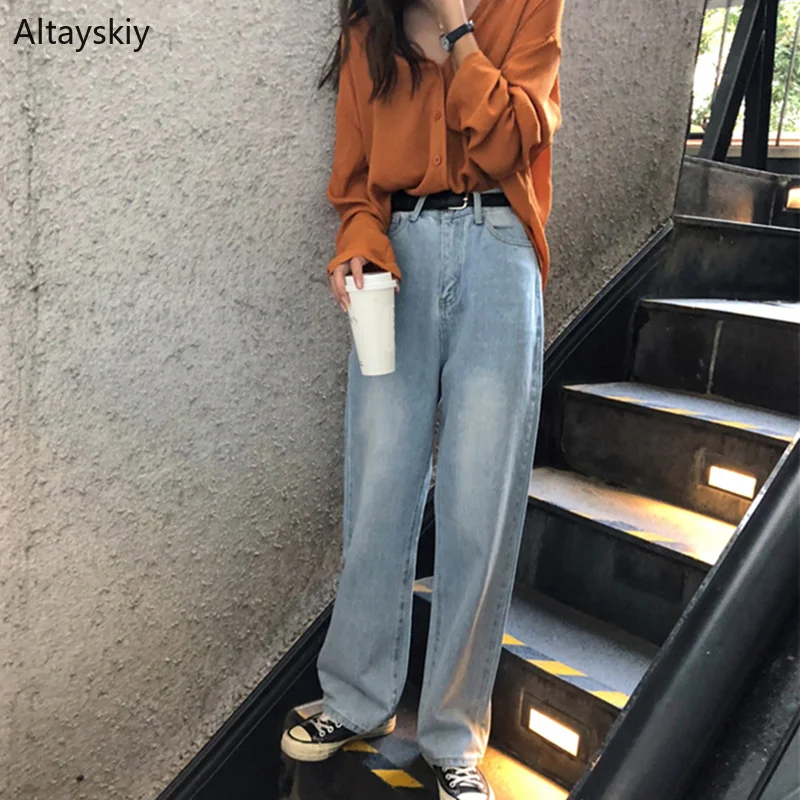 

Jeans Women Zipper Fly Solid Simple All-match Korean Style Pockets Leisure Daily Loose Womens Retro High Quality Wide Leg Pants