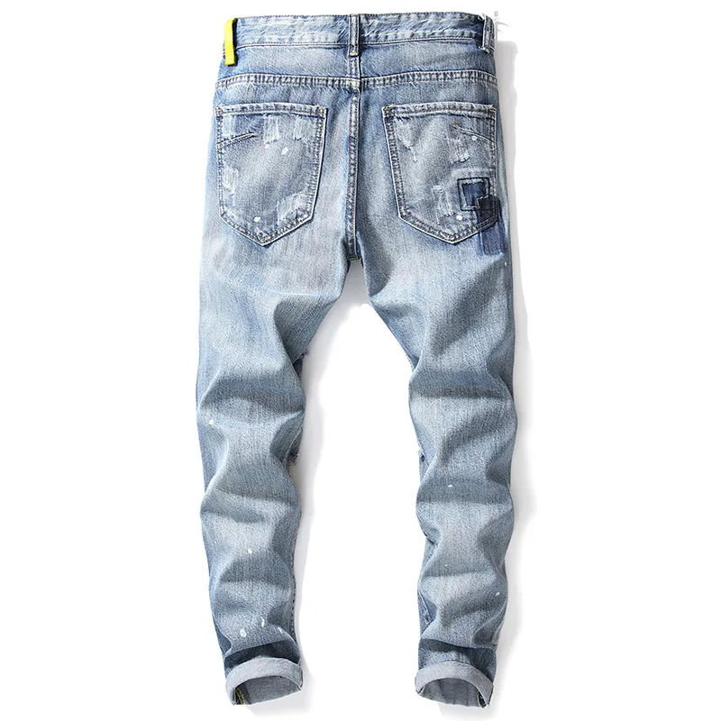 Fashion Streetwear Men Jeans Light Blue White Wash Harem Pants Destroyed Ripped Jeans Men Summer Ankle Length Hip Hop Jeans Men
