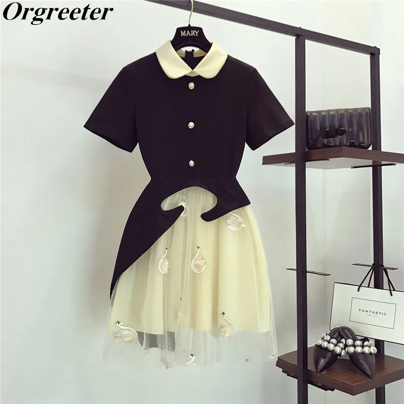 

New Women Tulle Stitching Fake Two Piece Dress Sweet Peter pan collar Short Sleeve Cartoon Swan Embroidery Short Dresses