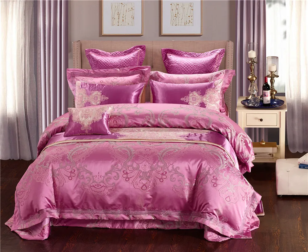 

New Satin Jacquard Gold Pink Blue Luxury Bedding set/bedclothes/bedspread Queen King size Flat Bed sheet Duvet cover sets