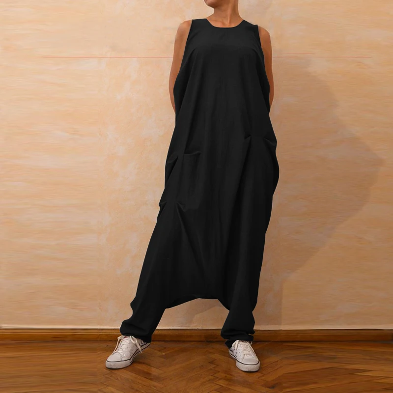 

2019 Plus Size ZANZEA Summer Women Casual Solid Sleeveless Vintage Loose Long Harem Overalls Romper Drop-Crotch Pants Jumpsuits