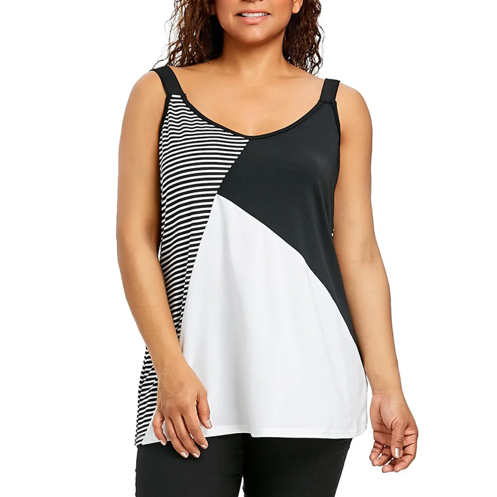 

fashion casual Stripe Patchwork Large Size loose Women Summer T-Shirt Plus Size Sleeveless Top Vest O-Neck T-Shirt For Female