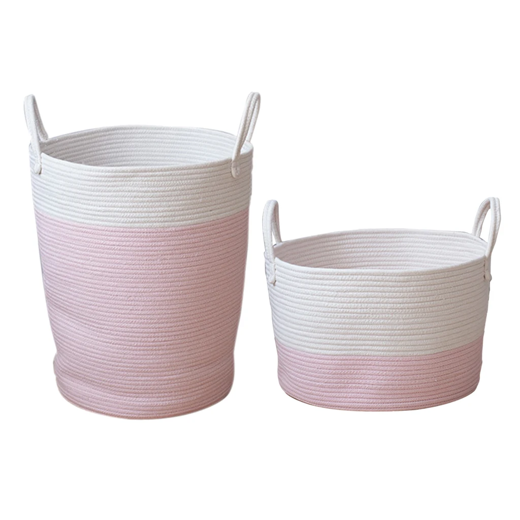 2x Cotton Weaving Storage Basket Rattan Storage Box For Cosmetics Basket Organizer Sundries Laundry Toys Storage Basket Pink