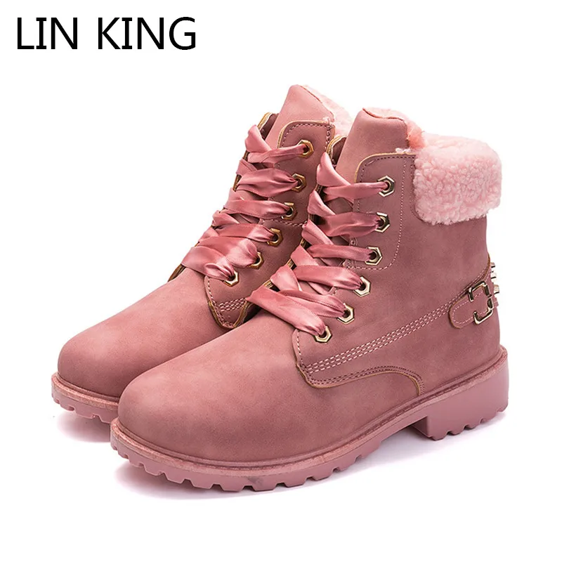 

LIN KING New Fashion Lace Up Women Winter Short Boots Rivets Martin Boots Warm Plush Snow Boots Female Cotton Padded Ankle Shoes
